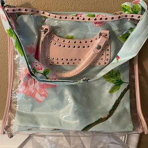 Mark Avon Floral Metal Studded Vinyl and Cloth Tote Bag